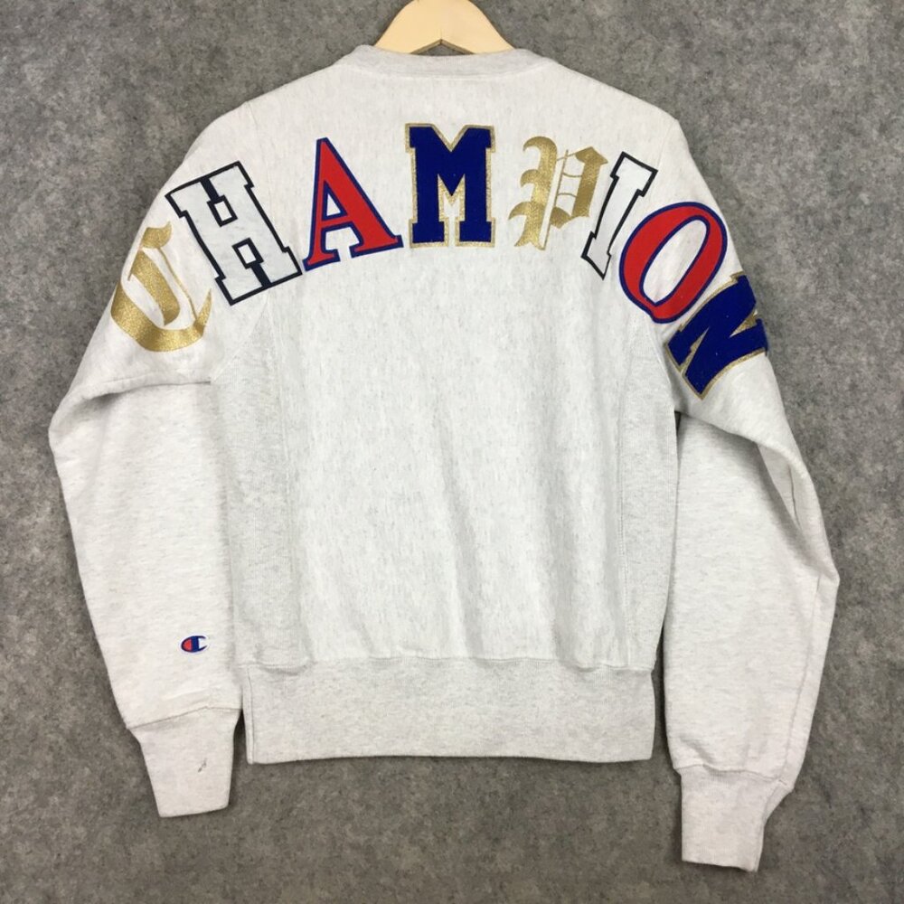 Champion Sweater XS Adult Spirit Spellout Textured Applique Reverse Weave Gray